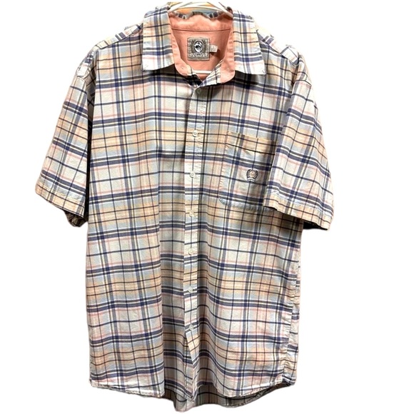 Cinch Cotton Short Sleeve Button Down Collar Shirt White Blue Peach Plaid Large - Picture 1 of 6